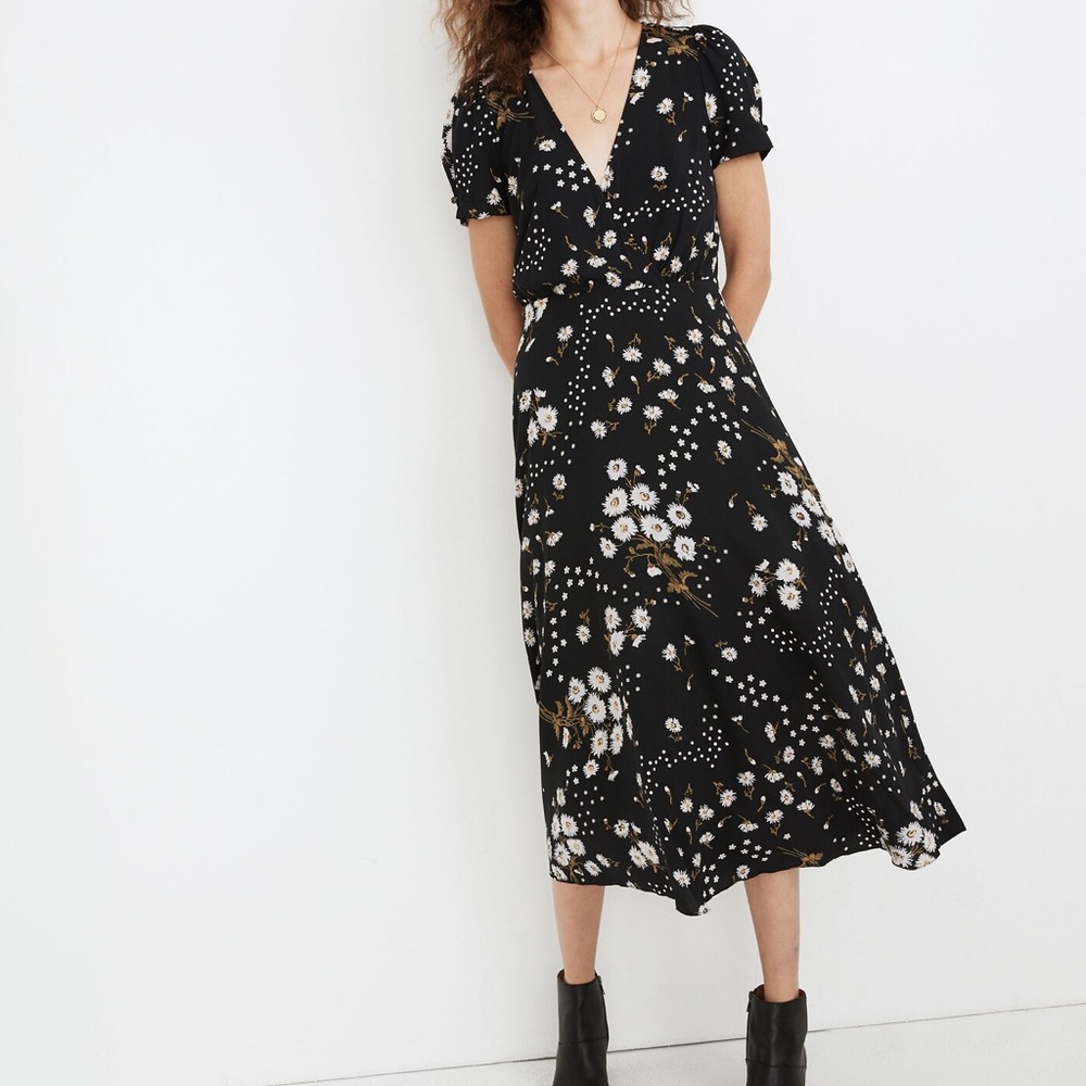 Madewell Puff-Sleeve Wrap-Front Midi Dress in Polka Daisies